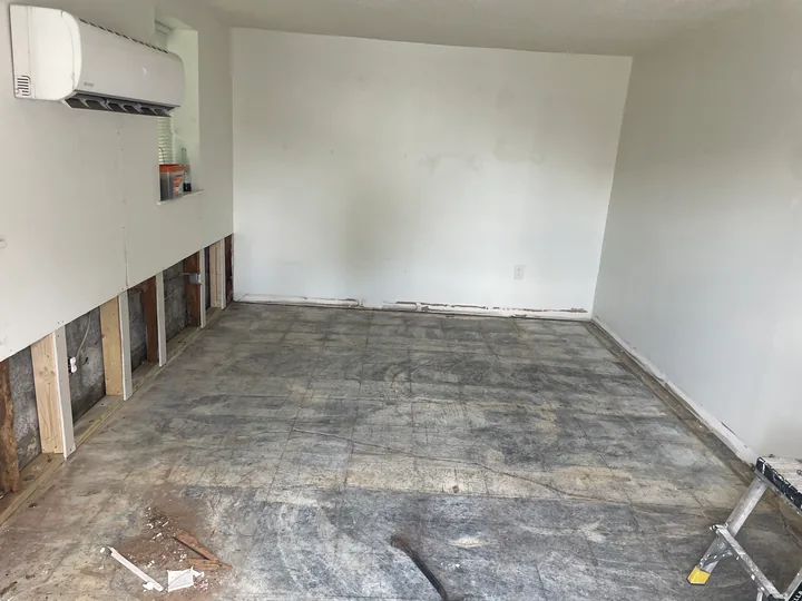 Wood-look plank flooring beside a toilet and white bathroom vanity