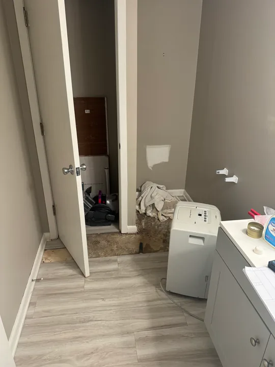 Gray plank floor beside a bathroom vanity and unfinished closet floor