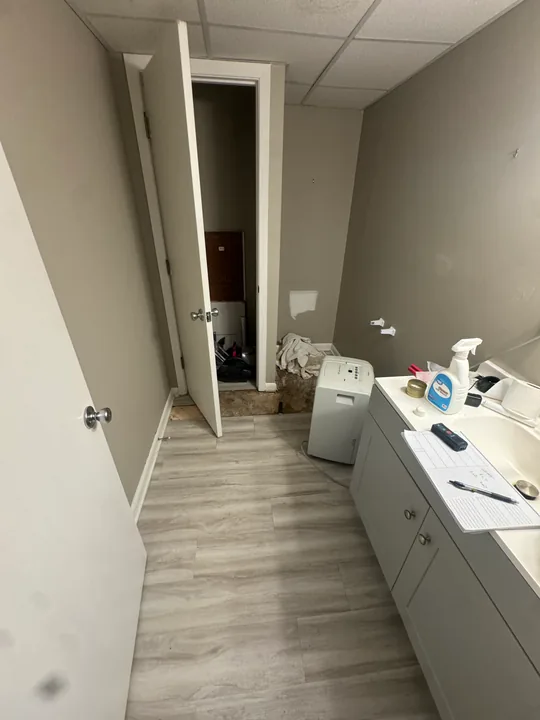 Plank flooring through a bathroom doorway beside a white vanity