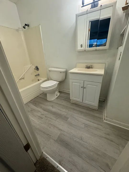 White bathroom vanity, faucet, toilet and plank flooring