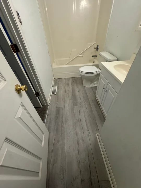 White bathroom vanity, faucet, toilet and plank flooring
