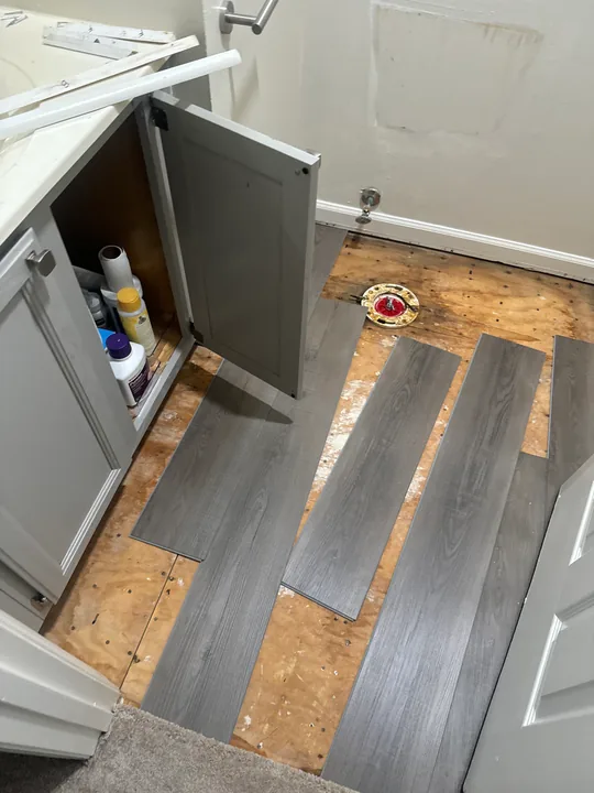 Plank flooring beside kitchen cabinetry and door thresholds