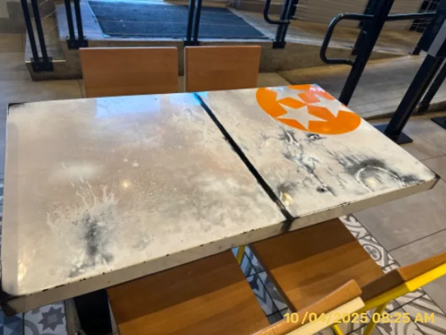 Restaurant tables with orange-and-white painted patterns and surface preparation