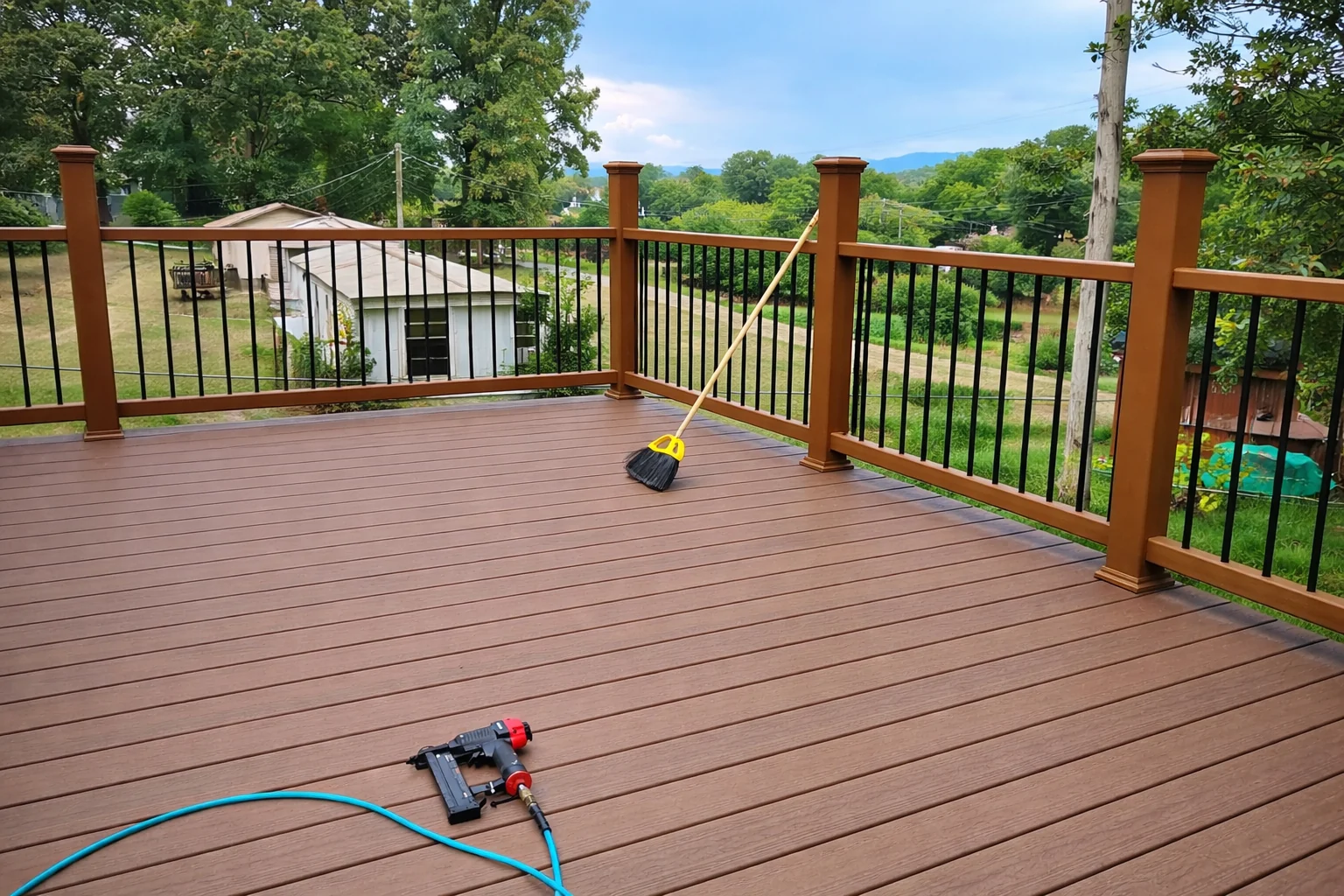 Stained deck boards and timber railings in a tree-lined yard