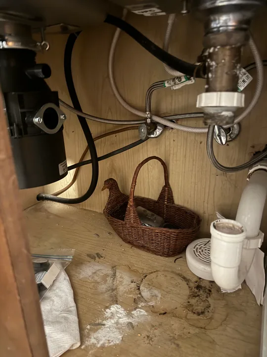 Kitchen sink drain, disposal and plumbing connections beneath a counter